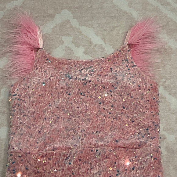 Zunie Pink Sequin Dress with Feather Detail Size 14 - Picture 2 of 8